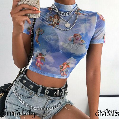 [Mã FAMAYWA giảm 10K đơn 50K] Áo lửng lưới xuyên thấu ngắn tay in hình thiên thần quyến rũ thời trang cho nữ | BigBuy360 - bigbuy360.vn