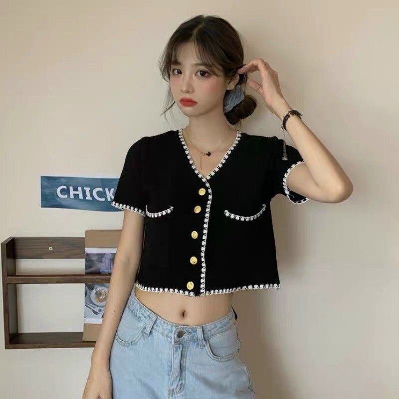 Áo cardigan dệt kim tay ngắn phong cách cổ điển | BigBuy360 - bigbuy360.vn