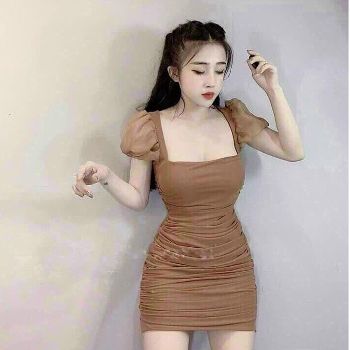 Đầm Nữ Ôm Body Bozip Tay Phồng Phối Voan , Tôn Dáng Điệu Đà