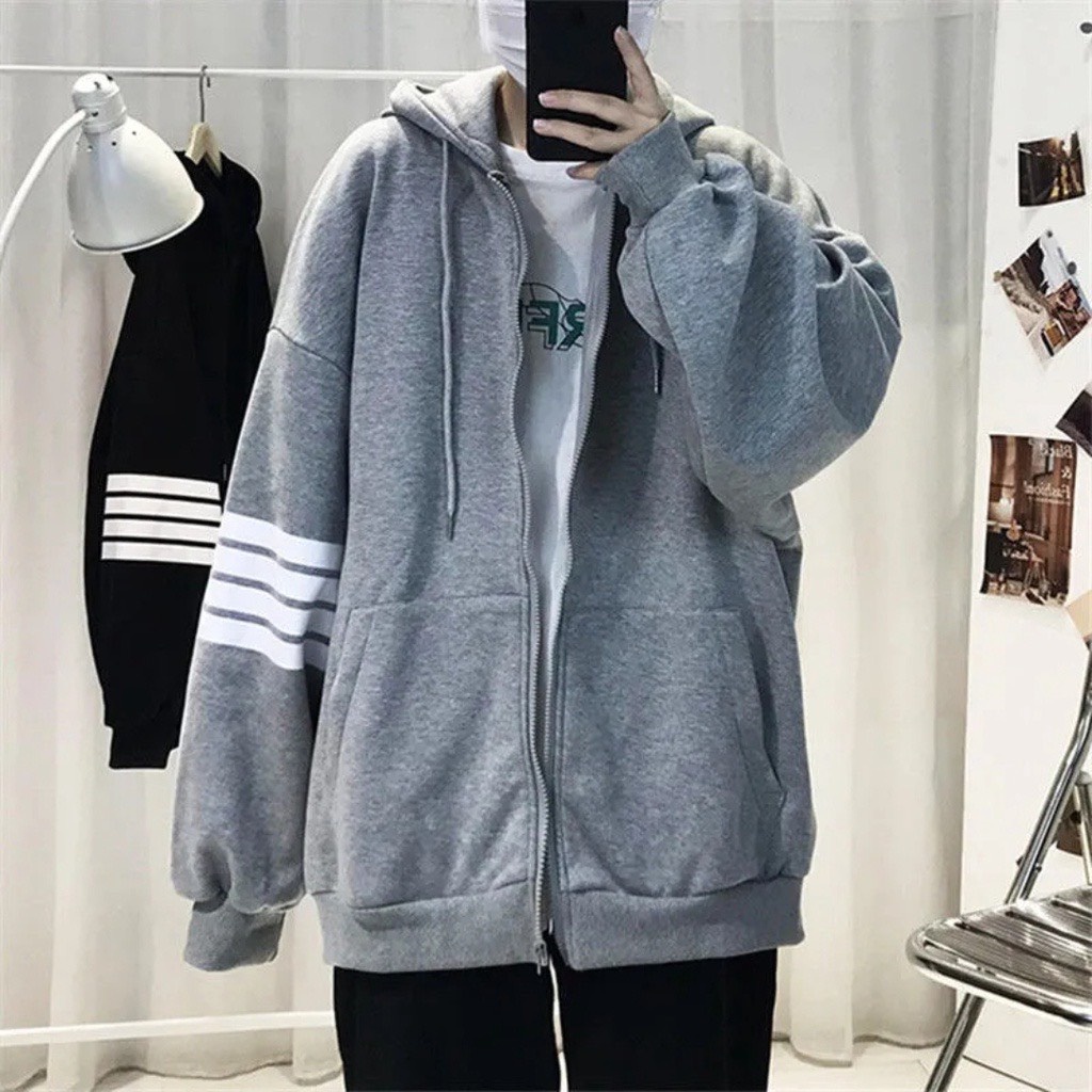 Áo Khoác 4 Vạch Ống Tay Thom Form Rộng Tay Phồng, Áo Hoodie Kéo Khóa