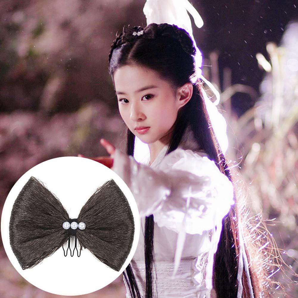 Búi Tóc Giả Màu Đen Bằng Sợi Tổng Hợp Đính Nơ Phong Cách Hanfu