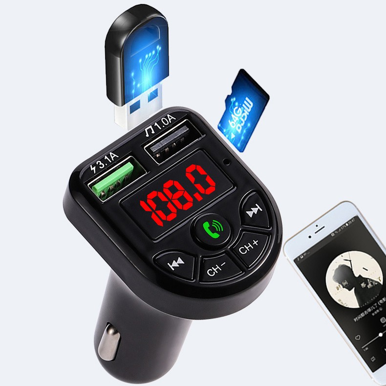 Tẩu bluetooth phát nhạc trên ô tô xe hơi 2 cổng USB CAR E5 sạc nhanh 3.1A FM thẻ nhớ