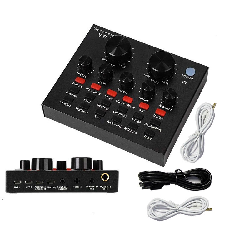 Combo mic thu âm BM900, dây livestream, giá đỡ, màn lọc âm và Soundcard V8