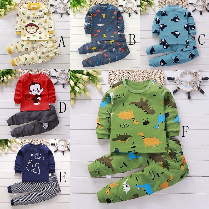 Bộ đồ ngủ cotton tay dài in họa tiết hoạt hình dễ thương cho bé