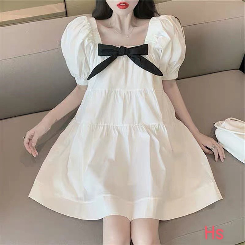 Váy Nữ Baby Doll Nơ Đen Chất Đũi Lụa,Công Chúa Phom Dáng Xòe TM Store
