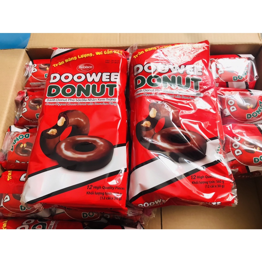 Bánh Donut Doowee Phủ Sôcôla Nhân Kem Trứng 360g 12 Gói Nhỏ