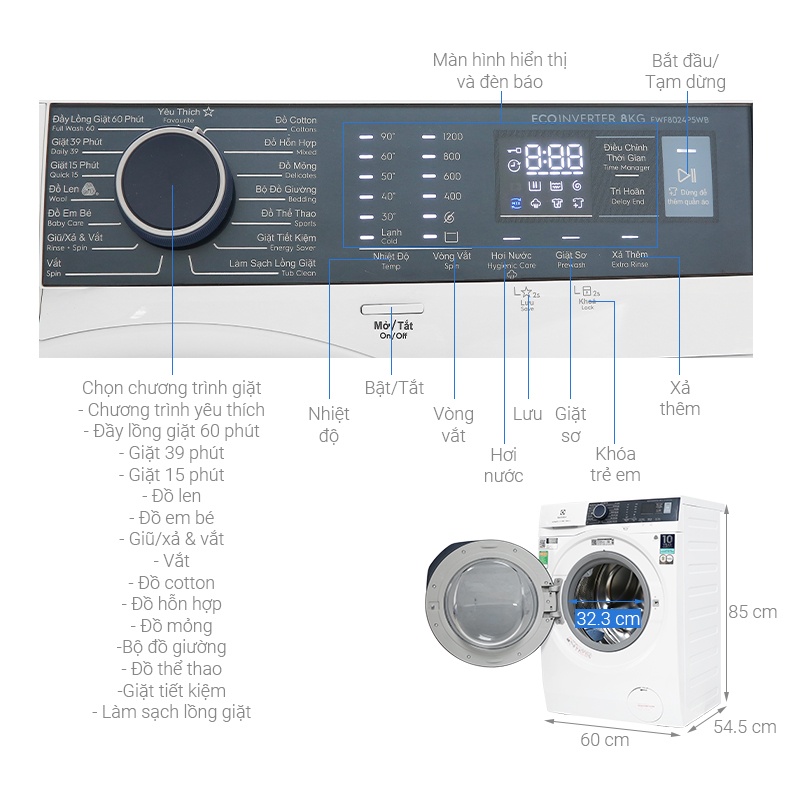 EWF8024P5WB - Máy giặt Electrolux Inverter 8 kg - BẢO HÀNH CHÍNH HÃNG 2 NĂM HỖ TRỢ TẬN NHÀ