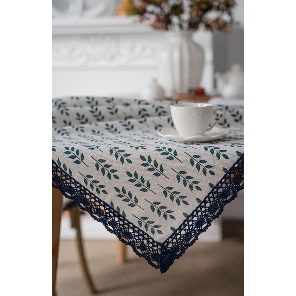 Khăn Trải Bàn Vải Lanh Cotton In Họa Tiết Tai Thỏ Màu Xanh Lá Xinh Xắn