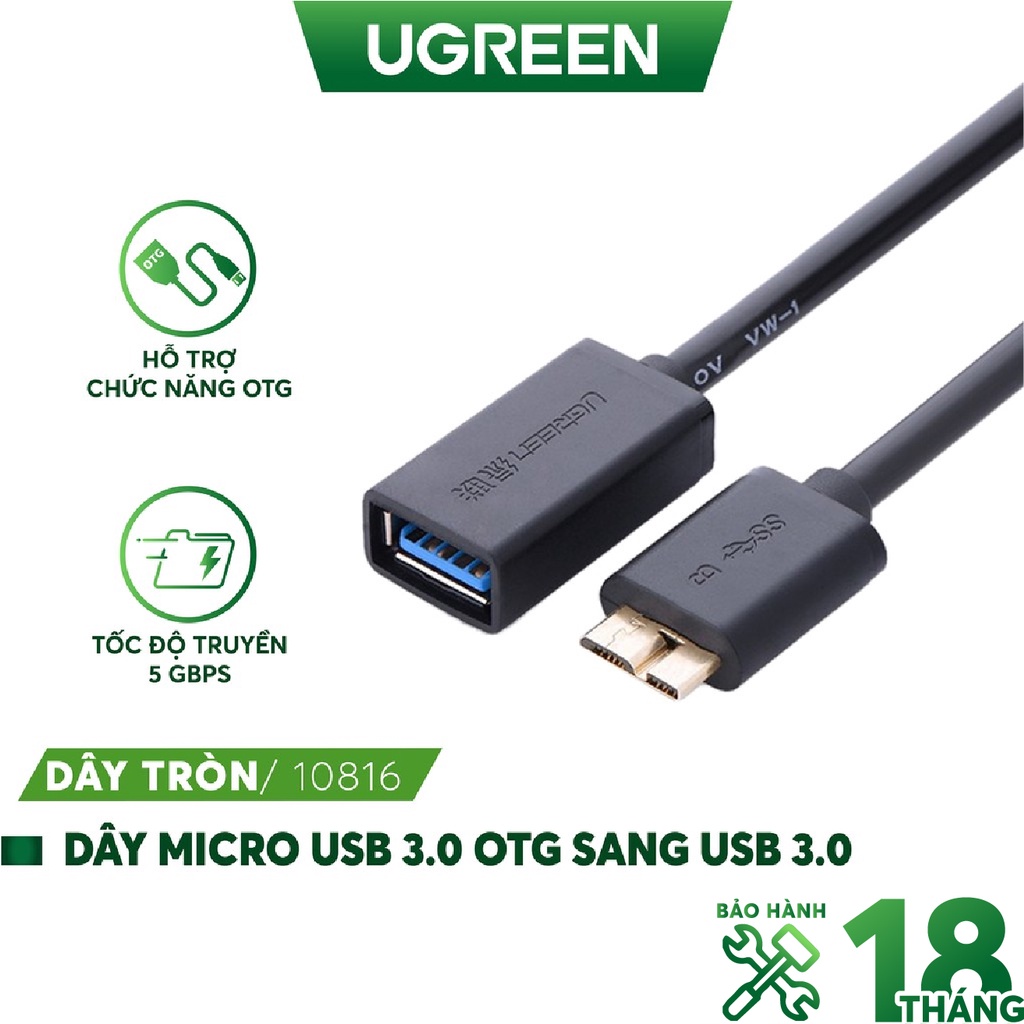 Dây Micro USB 3.0 OTG sang USB 3.0 dạng dẹt dài 20CM UGREEN US127 10801 (đen)