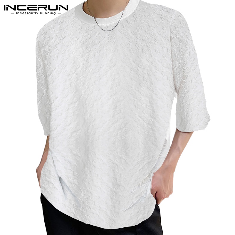 Áo thun INCERUN tay lửng màu trơn in nổi phong cách Nhật Bản sành điệu cho nam