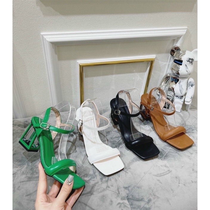 L208: sandal da mềm gót hộp thuỷ tinh, gót vuông 7cm