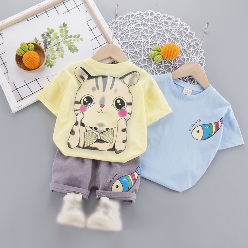 Set áo thun ngắn tay cổ tròn + quần short đáng yêu cho bé trai