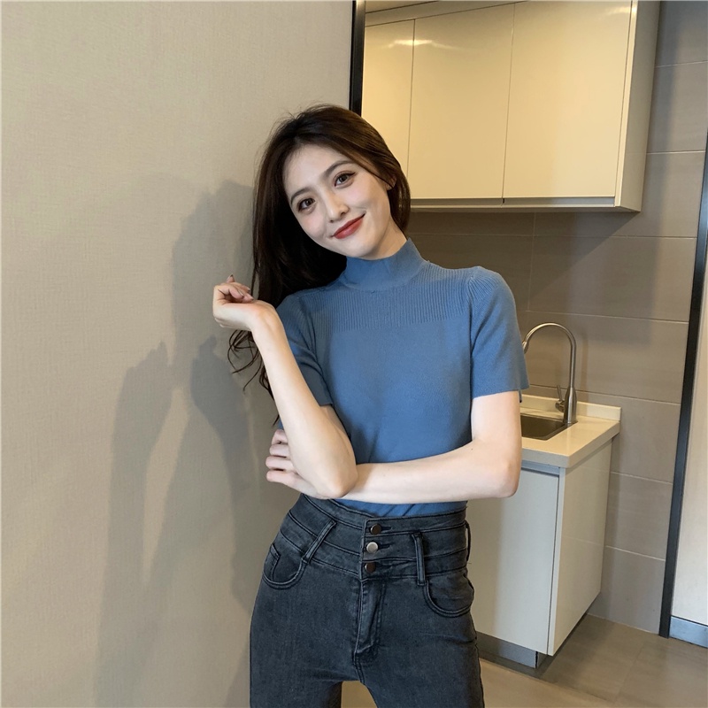 Áo len cánh dơi cộc tay cao cổ trơn dáng ôm thu đông