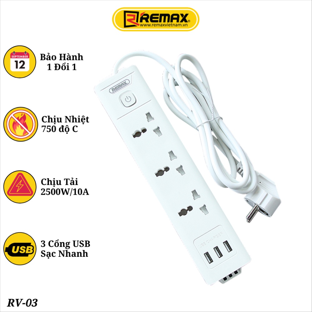 Ổ Cắm Điện Đa Năng Thông Minh Remax RV-03 - 3 Cổng USB Sạc Nhanh 5V-2.1A Công Suất 2500W Nhựa PP Chống Cháy Dây Nối 2M