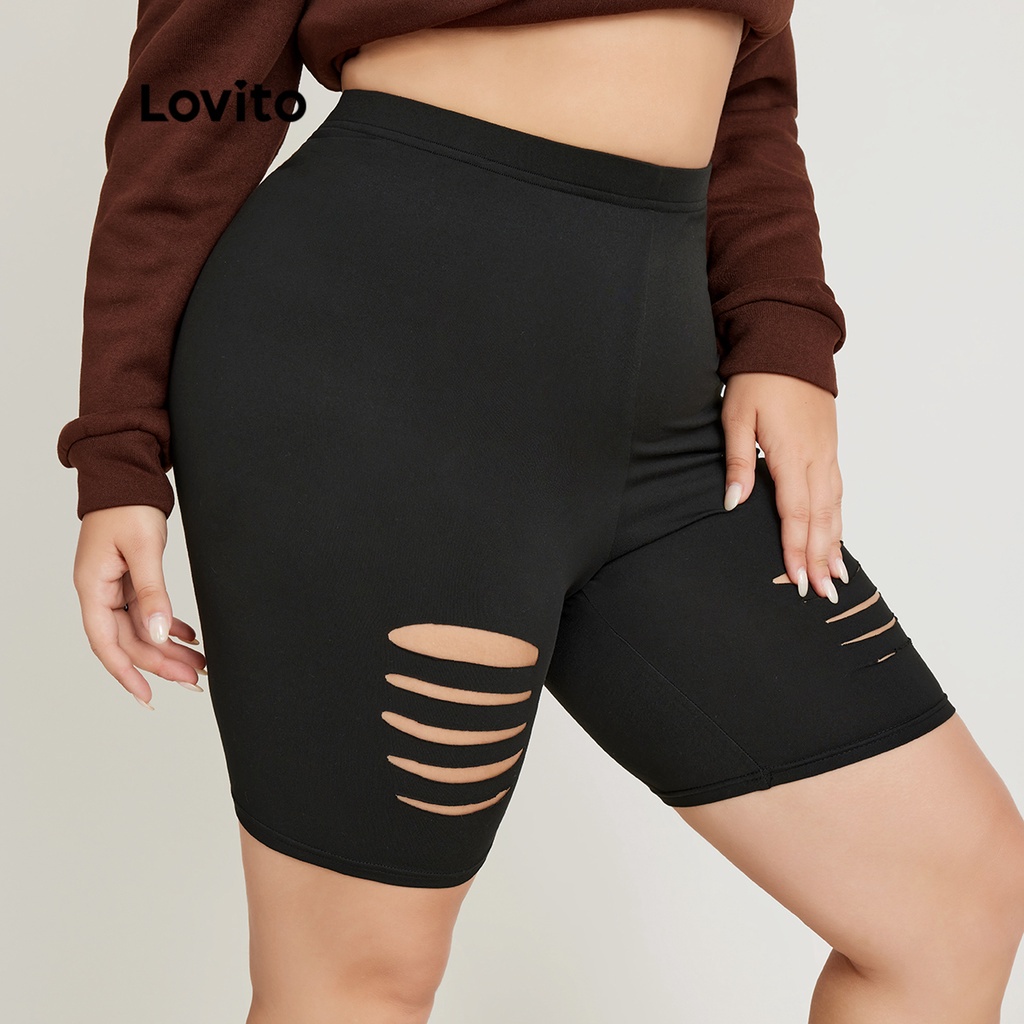 Quần short rách Lovito plus size lưng thun màu trơn phong cách thường ngày LPS02073 (màu đen)