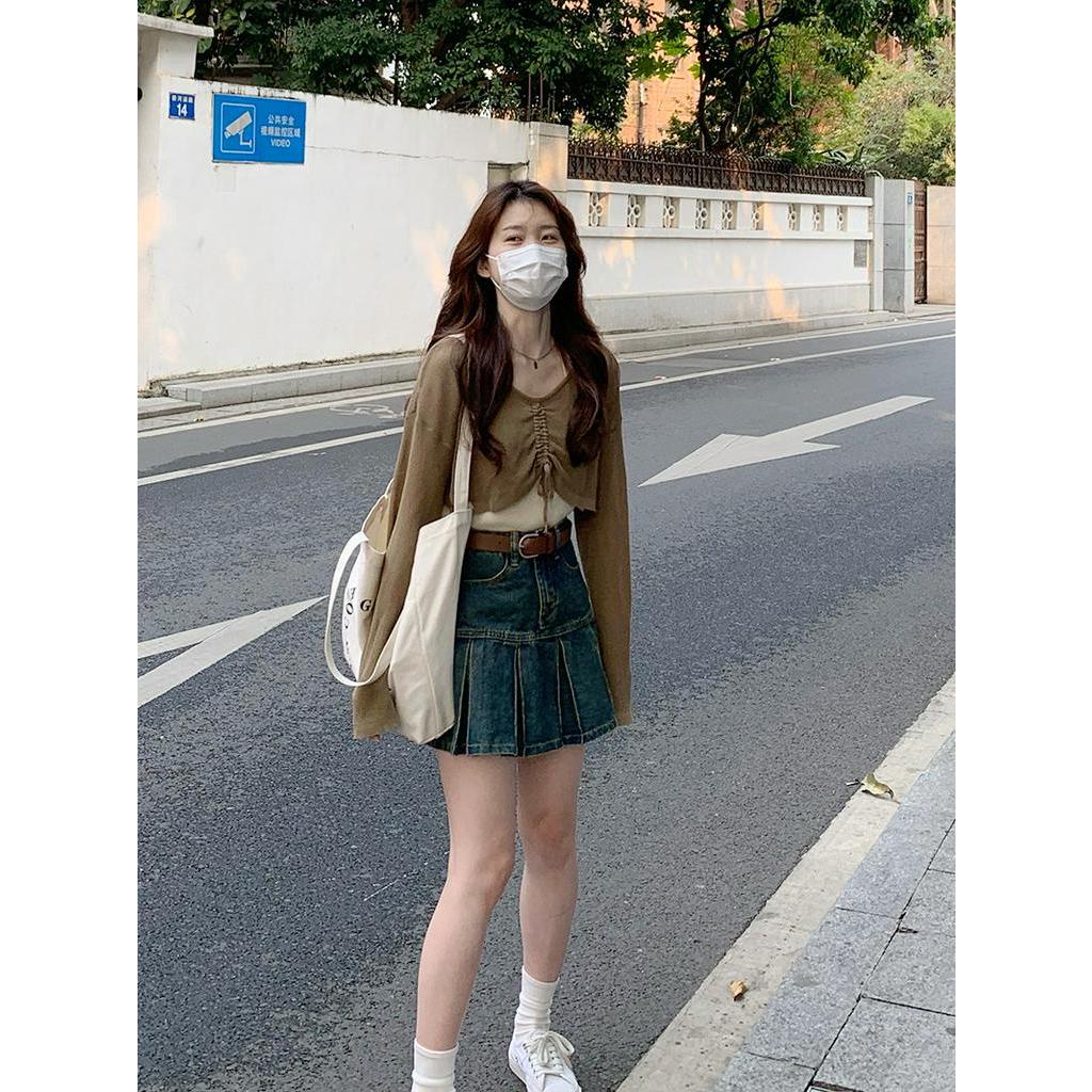 Bộ Áo Dài Tay + Chân Váy Denim Xếp Ly Xinh Xắn Dành Cho Nữ 63501