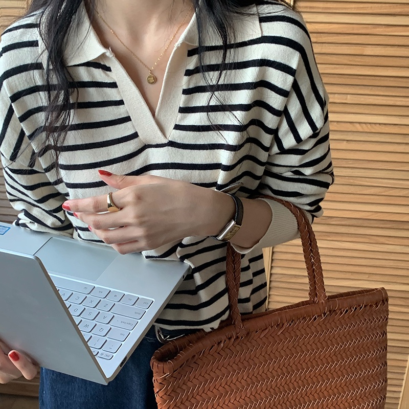 Áo sweater SUXI dệt kim cổ V dáng rộng kẻ sọc màu sắc tương phản kiểu Hàn Quốc thời trang thu đông cho nữ