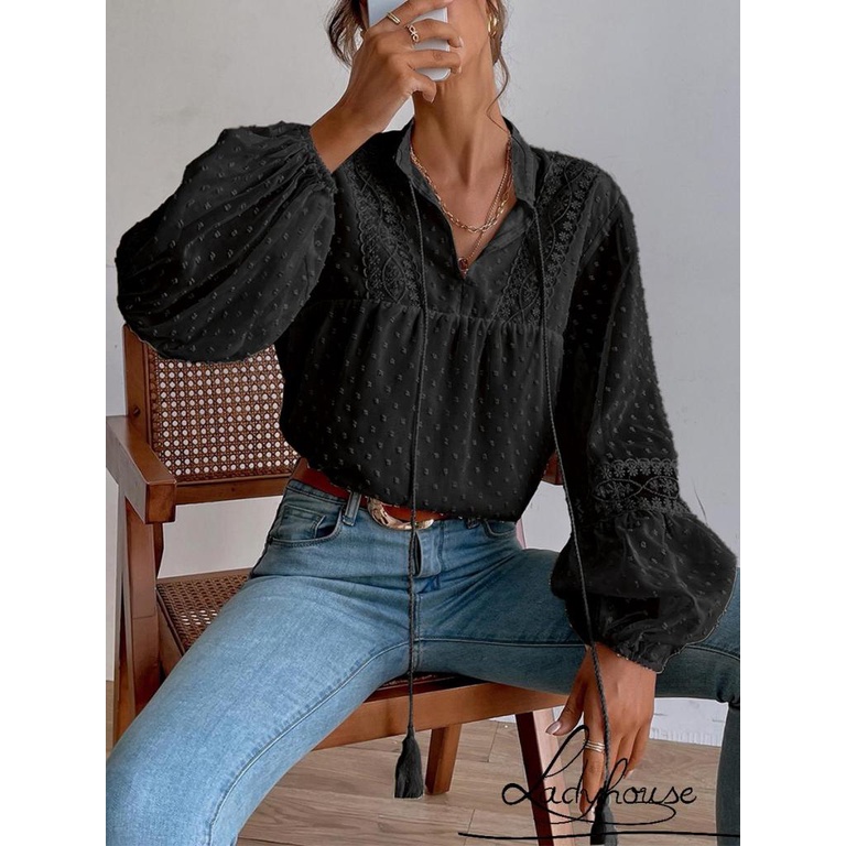 Áo Sơ Mi Chiffon Tay Dài Dáng Rộng Họa Tiết Chấm Bi Thời Trang Đường Phố Cho Nữ