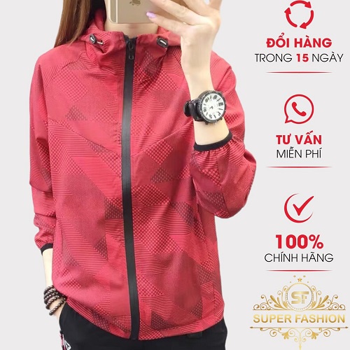 Áo Khoác Dù Nữ Nón Liền SUPER FASHION in 3D Chống Nước Nhẹ Chắn Gió Che Nắng TA90