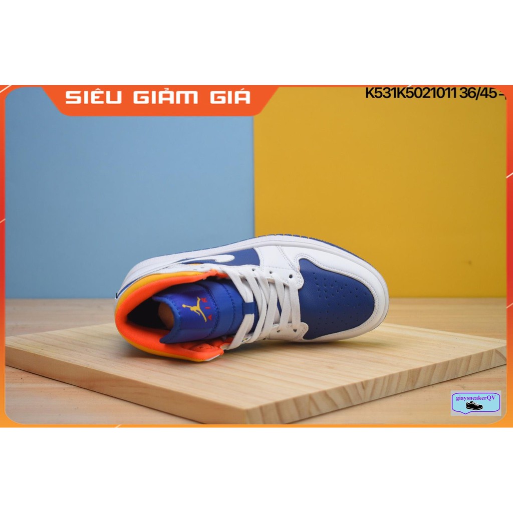 (FULL BOX + QUÀ TẶNG) Giày thể thao Air Jordan 1 Mid Royal Blue Laser Orange cổ cao siêu đẹp cho nam và nữ