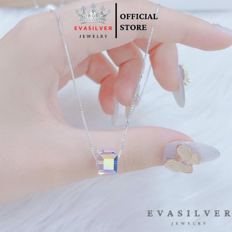 Dây chuyền bạc nữ Evasilver mặt đá pha lê nhiều màu. Vòng cổ dạng mảnh mặt đá hình vuông cá tính