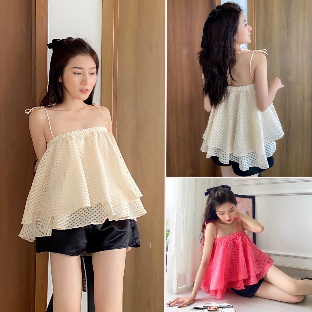 Áo 2 dây trễ vai dáng xòe [2 Lớp] Áo bẹt vai nữ chất tơ kính A-TVO