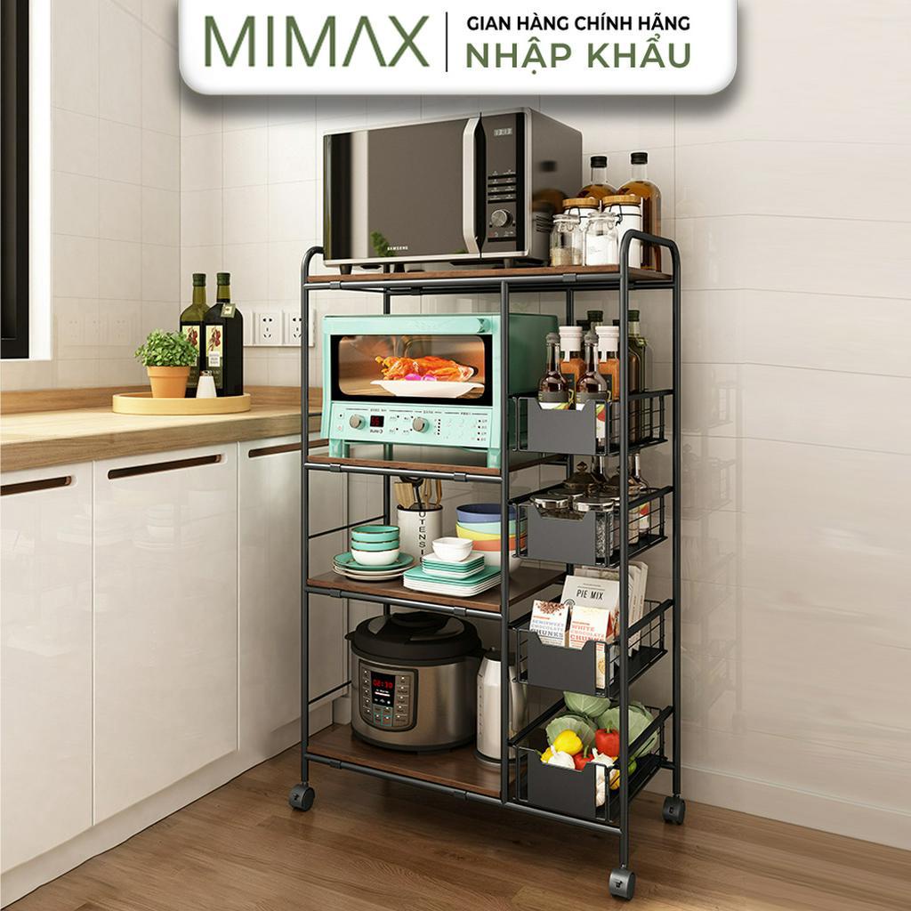 Kệ Để Đồ Nhà Bếp Đa Năng Lò Vi Sóng Lò Nướng 3 4 Tầng Có Ngăn Kéo, Bánh Xe MIMAX KDN02 MDF, Kệ Bếp Thông Minh