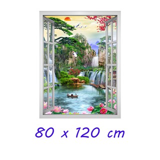 Tranh dán tường cửa sổ khổ dọc HD Sơn thủy hữu tình CS-0411D KT 80 x 120 cm