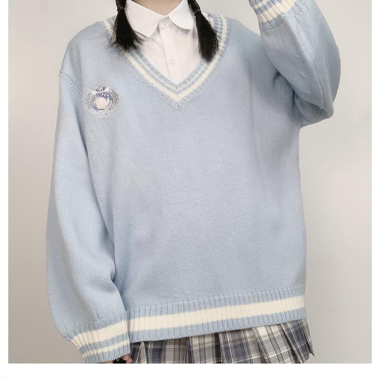 Bộ Đồ Đồng Phục Dệt Kim Cổ Chữ V Thêu Trang Trí Thiết Kế Mới Thời Trang Dành Cho Nữ