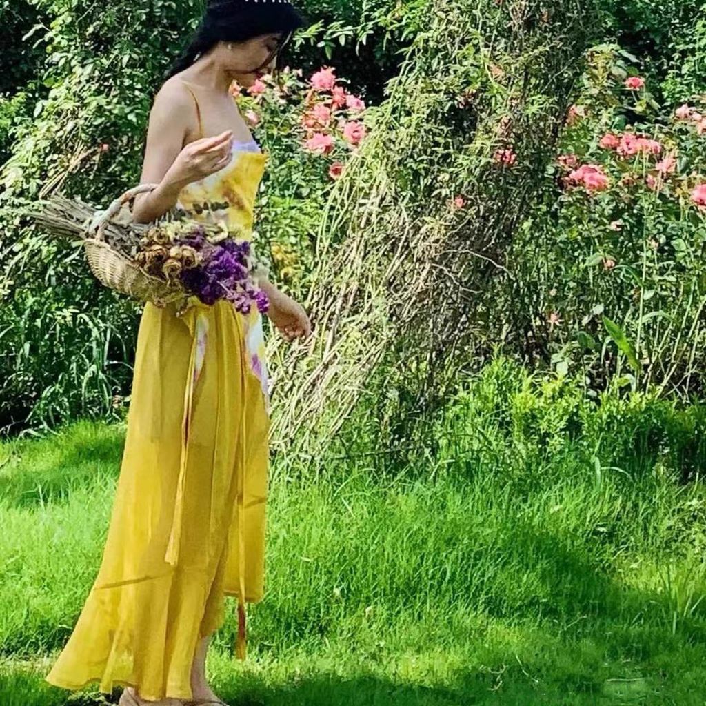 Đầm maxi voan nhuộm cam vàng 2 dây váy lớp tầng Dayu