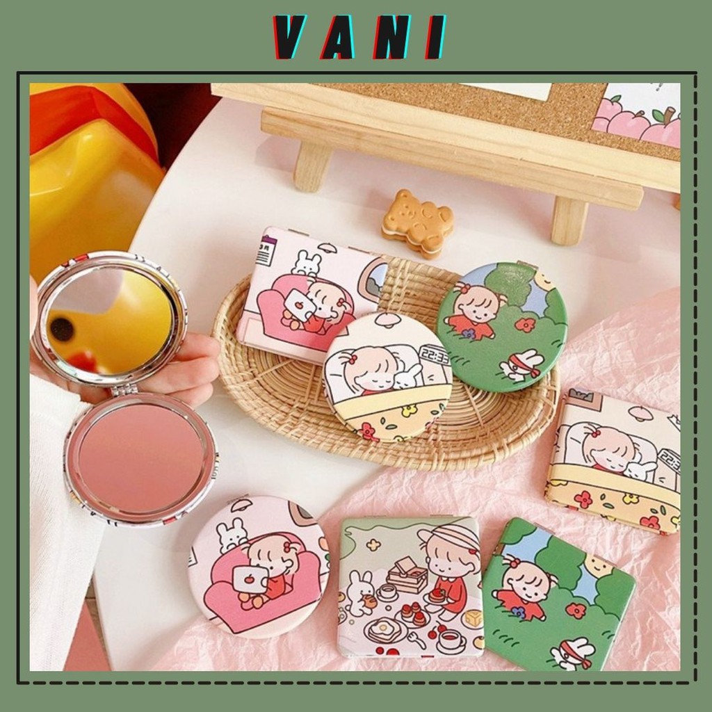 Gương Cầm Tay Mini Gấp Gọn Hình Vuông Hình Tròn Kiểu Chibi Siêu Đáng Yêu - Vani Store