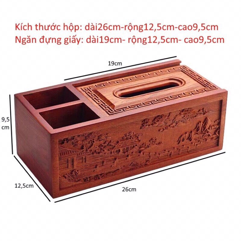 Hộp giấy ăn hộp khăn giấy Mộc Thiên 3 ngăn gỗ Hương cao cấp đựng đồ tiện dụng