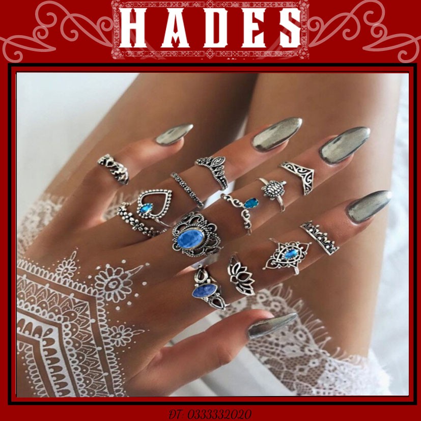 [Xả kho] Nhẫn set 13 chiếc - midi rings phụ kiện trang sức phong cách bohomian vintage đại dương xanh Hades.js