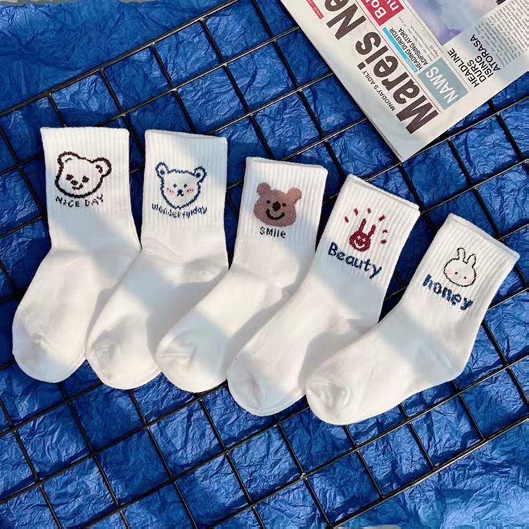 Set 5 đôi Tất gấu màu trắng cho bé cổ cao cotton len siêu đáng yêu