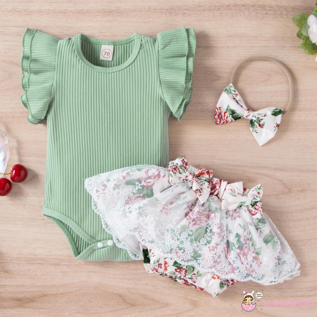 Set Áo Liền Quần + Chân Váy Tutu + Băng Đô In Hoa Cho Bé Gái 0-24 Tháng Tuổi