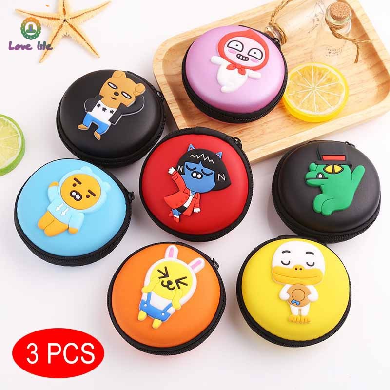 Set 3 hộp hình tròn họa tiết hoạt hình để đựng tiền/tai nghe/cáp sạc