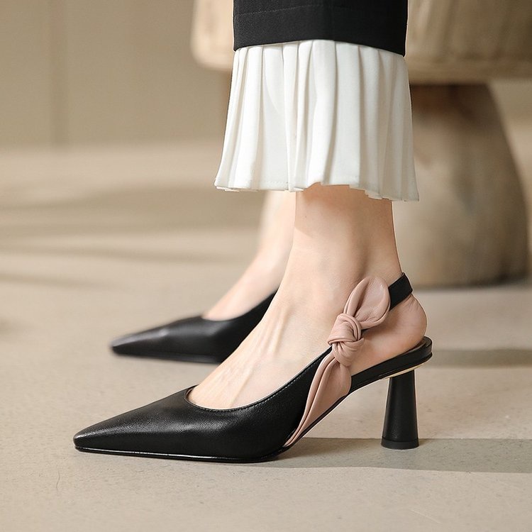 Giày cao gót nữ 6 cm mũi nhọn gót hở tròn dây quai sau buộc nơ lụa đế chống trơn trượt &229