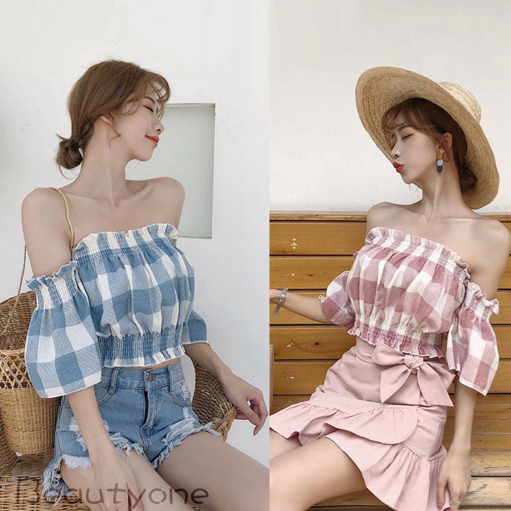 Áo trễ vai họa tiết ca-rô xinh xắn quyến rũ cho nữ