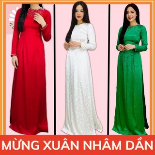 Áo dài cưới may sẵn áo dài cô dâu vải gấm màu vàng đỏ/trắng/xanh lá vân hoa đẹp