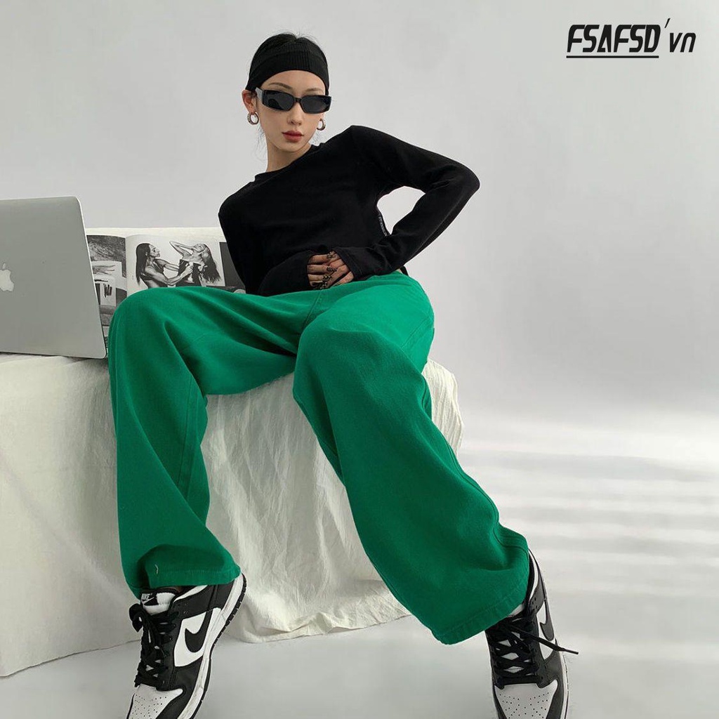 Quần Jean Ống Rộng Màu Xanh Lá Phong Cách Âu Mỹ Thời Trang Mới 2022 Dành Cho Bạn Nữ