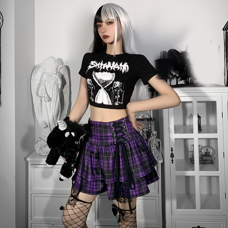 Chân váy sọc caro hai lớp phong cách Punk Harajuku dành cho nữ