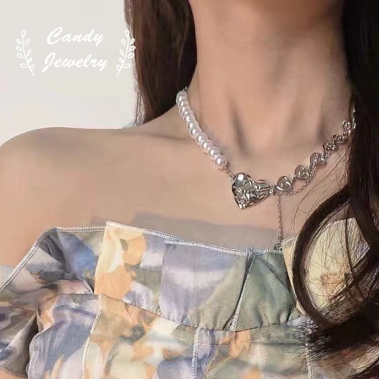 Dây chuyền mặt tráI tim đính ngọc trai thời trang mùa hè phong cách Nhật Bản và Hàn Quốc