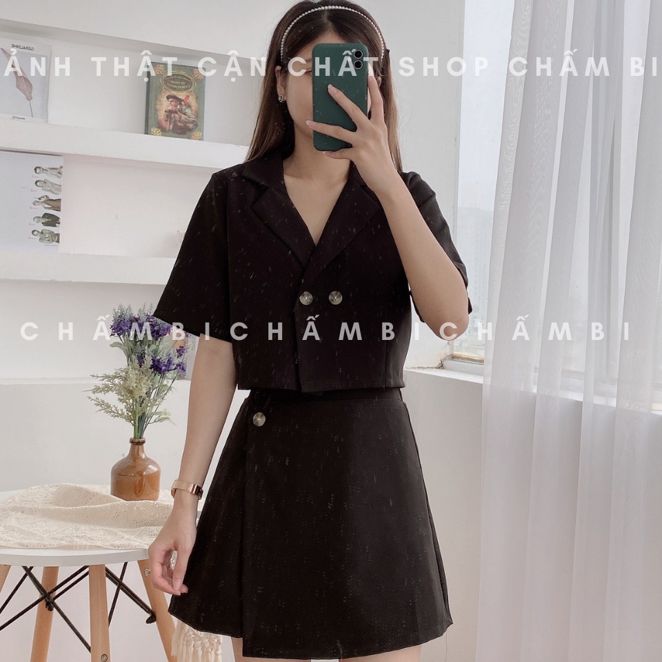 Set Áo Sơ Mi Cộc Tay Cổ Vest Dáng Croptop Và Chân Váy Lệch Vạt 1 Cúc Siêu Xinh - S.042