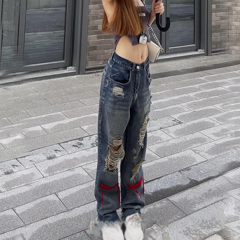 Quần Jeans Lưng Cao Ống Đứng Phối Rách Phong Cách Hip Hop Châu Âu Thời Trang Thu Hè Mới