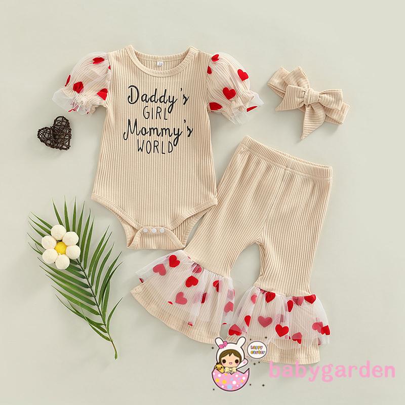 Bộ Áo Liền Quần Tay Ngắn In Chữ + Quần Ống Loe Lưới + Băng Đô Nơ Dành Cho Bé Gái 0-24 Tháng Tuổi