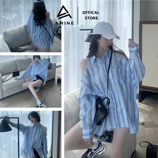 Sơ mi nữ form rộng, croptop nữ tay dài hàn quốc m113