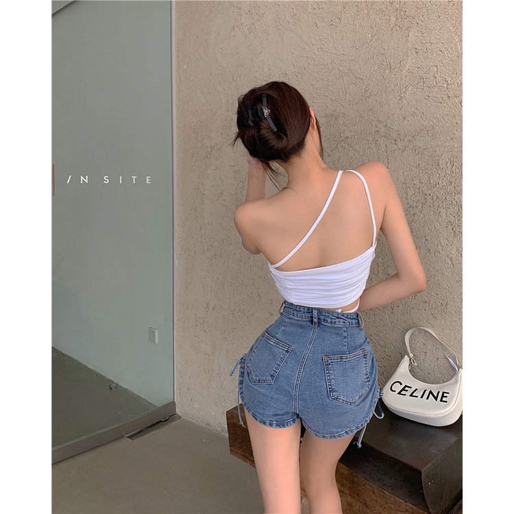 DUNEA Quần short denim lưng cao thắt nơ phong cách đường phố cá tính dành cho nữ