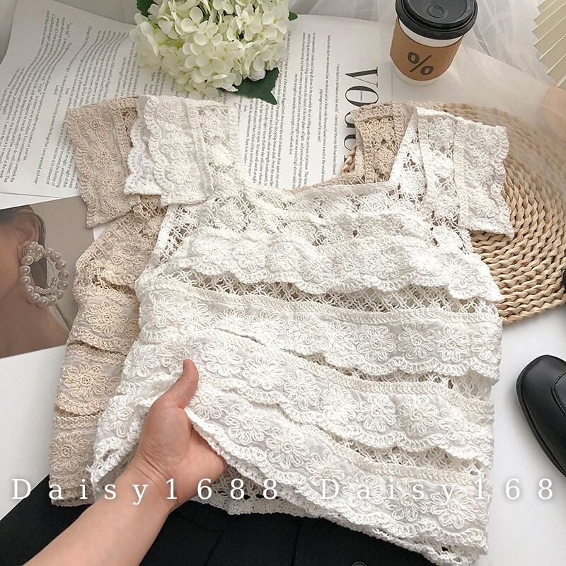Có Sẵn- Áo Lưới Phối Ren Bèo Xếp Tầng Cổ Vuông Daisy1688