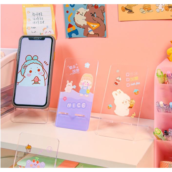 Kệ giá đỡ điện thoại ipad Béo shop bằng nhựa mica dán hình cô gái gấu thỏ rabbit vui nhộn dễ thương