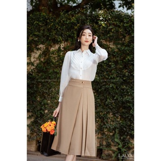 Lalya_cv118_chân váy xếp ly vạt lệch 1 khuy-nâu